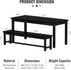 AWQM Dining Table Set for 4, Kitchen Dining Table with 2 Benches, Dining Room Table Set with Metal Frame & Thickened Board for Kitchen, Restaurant, Black, 43'' Breakfast Table Set (A006-11H2-L)