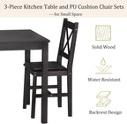 3-Piece Solid Wood Kitchen Table Set for 2 | Pine Dining Table with Upholstered Chairs | Space-Saving Design | Smooth Easy-to-Clean Surface | for Dining Room, Apartment, Restaurant, Dark Brown