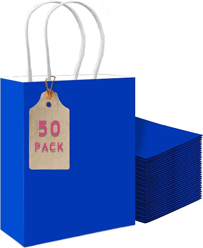 qiqee 50-Packs Diamond Blue Paper Gift Bags with Handles Bulk 11"x8.3"x4.3" Medium Size Paper Bags Multiple Uses