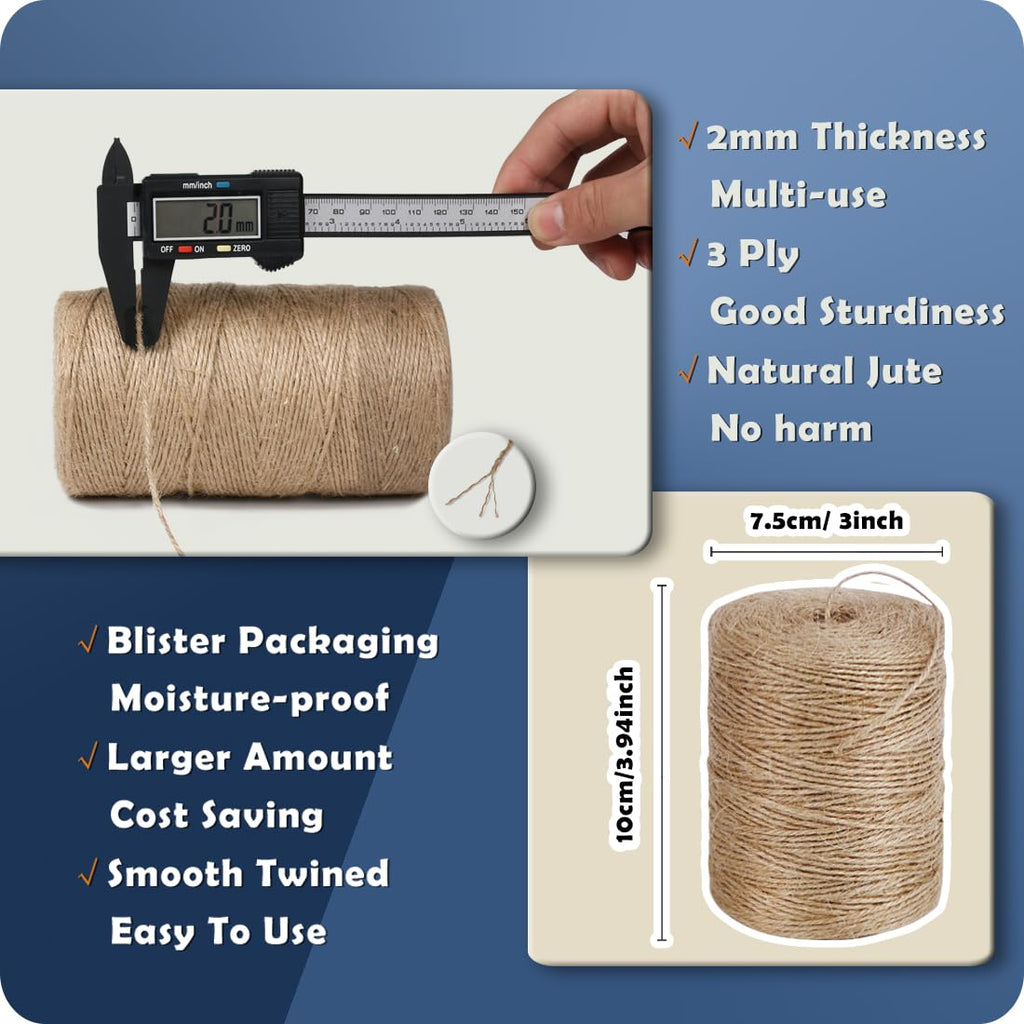 PerkDecor 2Pack 2mm Natural Jute Twine String 1600 Feet Long Twine String for Crafting Gardening Gift Wrapping Macrame DIY Home Decor (Brown-800Feet/Roll)