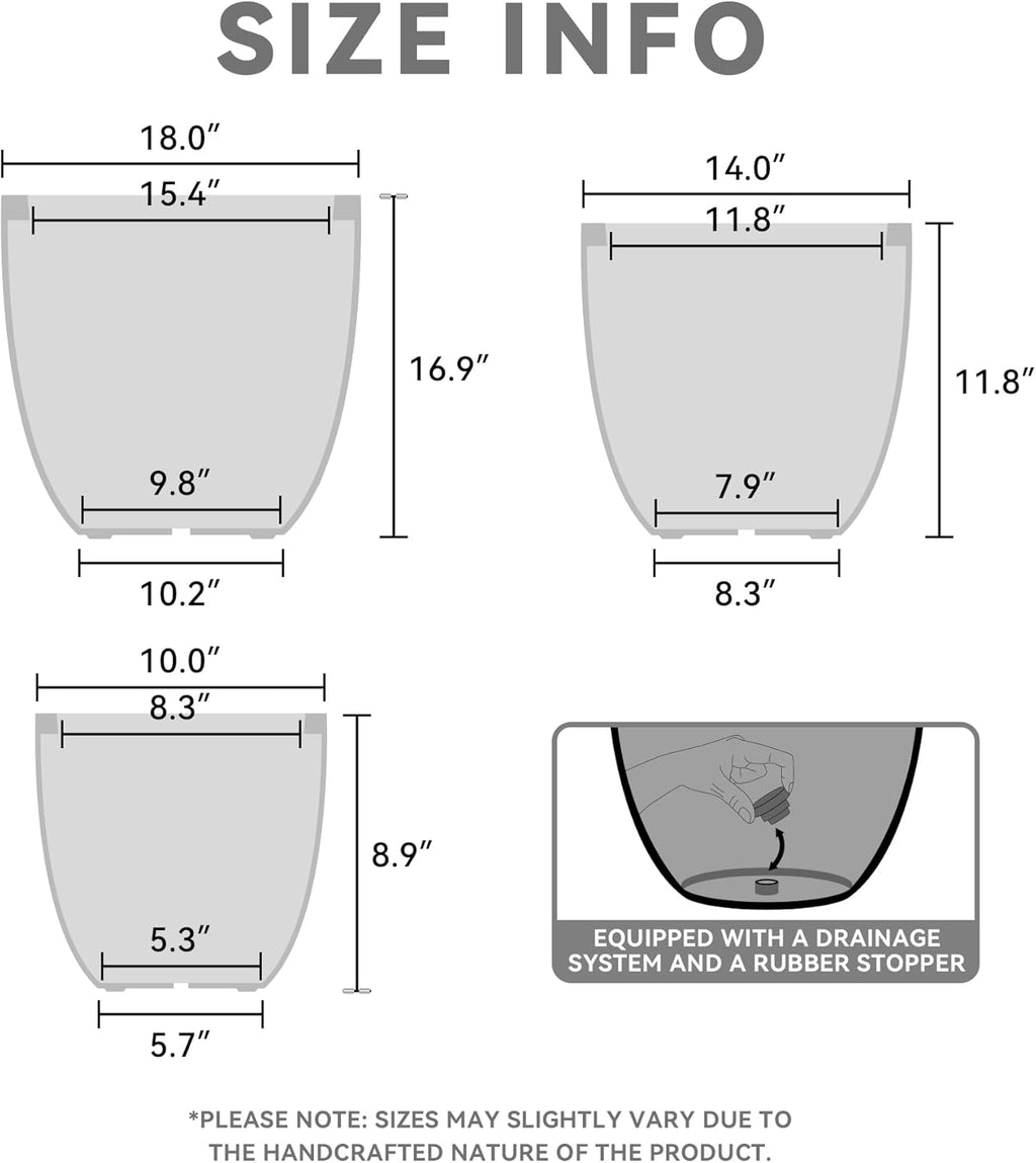 Kante 18",14",10" Dia Concrete Round Planters (Set of 3), Outdoor Indoor Large Planter Pots with Drainage Hole and Rubber Plug for Home Patio Garden, Black