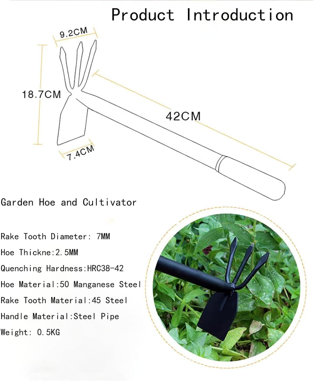 Hoe and Cultivator, Hoe Garden Tool, Hand Hoe Cultivator Garden Tool, Thickened Manganese Steel, Garden Hoe for Weeding, Planting, Loosening Soil, Digging