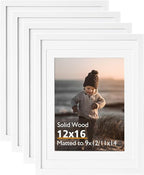 KINLINK 12x16 Picture Frame White - Solid Wood Frames with Acrylic Plexiglass for Pictures 11x14/9x12 with Mat or 12x16 without Mat, Wall Display Photo Frame, Set of 4