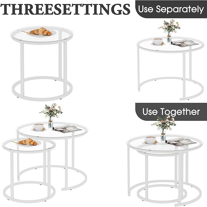 aboxoo White Nesting Glass Table Set of 2, Small Glass Round Nesting Tables for Living Room Bedroom, Accent Tea Table with Metal Frame Modern Industrial Simple