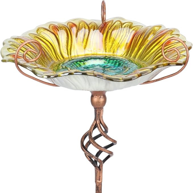 MUMTOP Bird Baths for Outdoors,Outdoor Bird Bath, Glass Birdbath Sunflower Bird Feeders Bowl with Stake for Garden Yard Decor (Yellow)