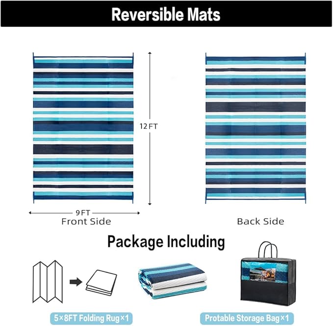 Outdoor Waterproof Rug 9'x12' Plastic Straw Rugs Washable Reversible Floor Mat Blue Stripe Carpet for Camping RV Deck Entryance Porch Picnic Balcony Beach Backyard