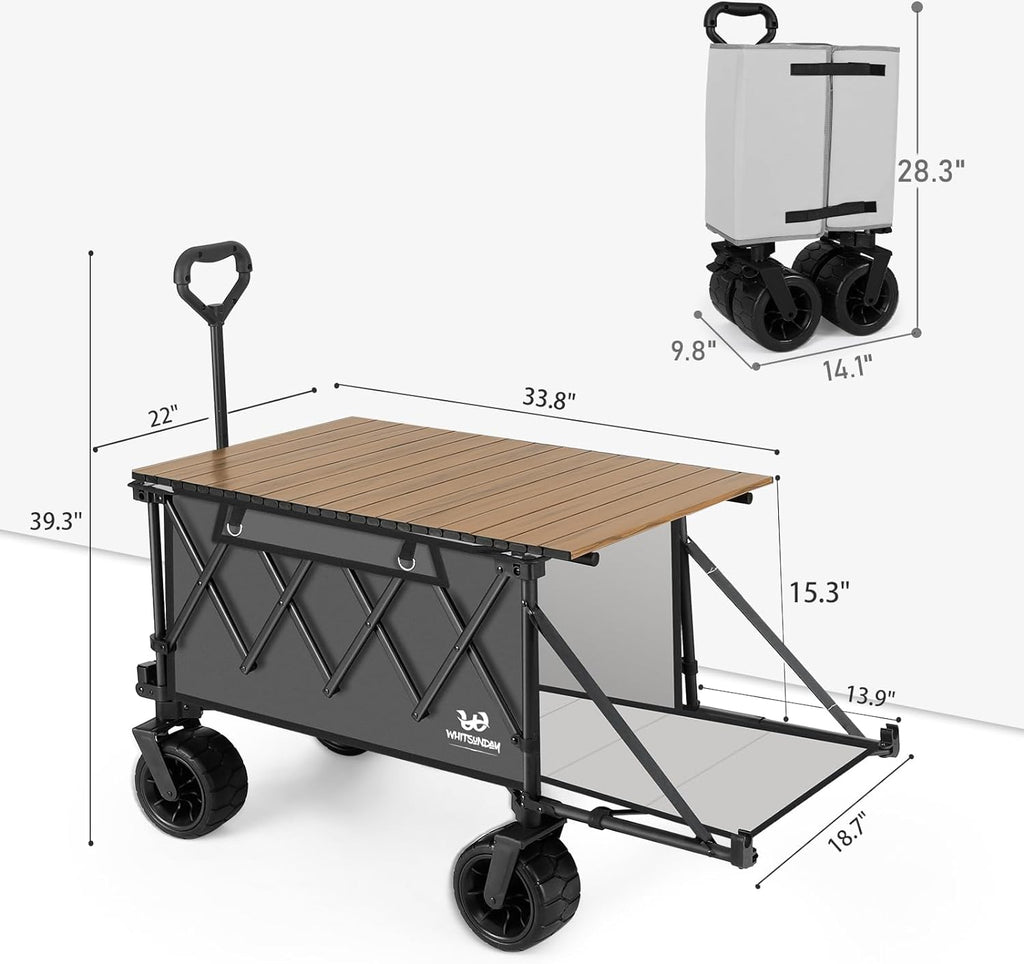 Whitsunday Collapsible Folding Wagon with Table,Heavy Duty Utility Beach Wagons with Opened Tailgate and All-Terrain Wheels for Camping,Garden,Sports Grey