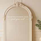 Seating Chart Sign, Wedding Mirror Decal, Thank You for Being Here Find Your Seat, Wedding Seating Chart Header Vinyl Decal, Your Seat Awaits Wedding Sign Decal, Mirror Sticker for Seating (White, Wide 17")