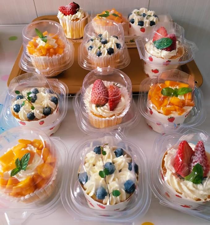 100 Pcs Cupcake Boxes Plastic Individual Cupcake Containers Single Cupcake Carrier with Connected Airtight Dome Lid for Party