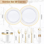 BESTVIP 350PCS Gold Plastic Dinnerware Set, Disposable Party Plates for 50 Guests, Include: 100 Plastic Plates, 50 Pre Rolled Napkins with Gold Silverware, 50 Cups