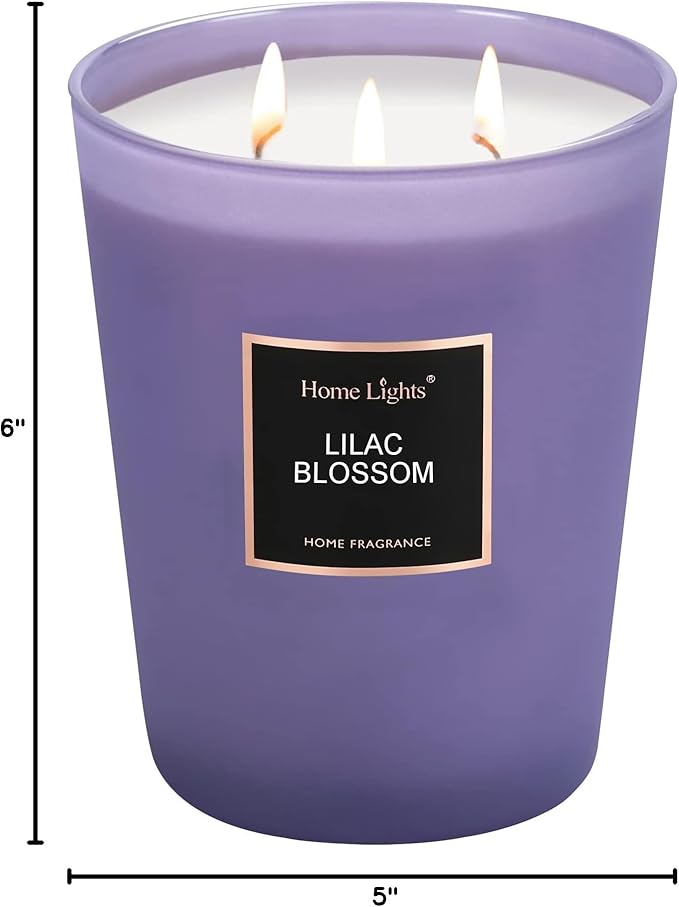 HomeLights Highly Scented Soy Candles Big 33.3 oz for Home. 3 Cotton Wicks, Smokeless Long Lasting 130 hrs in Lilac Blossom. 5x6, Great Gift for Women & Men