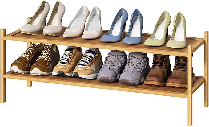 Long Shoe Rack, 2-Tier Bamboo Wood Shoe Rack, Stackable for Closet, Entryway & Hallway