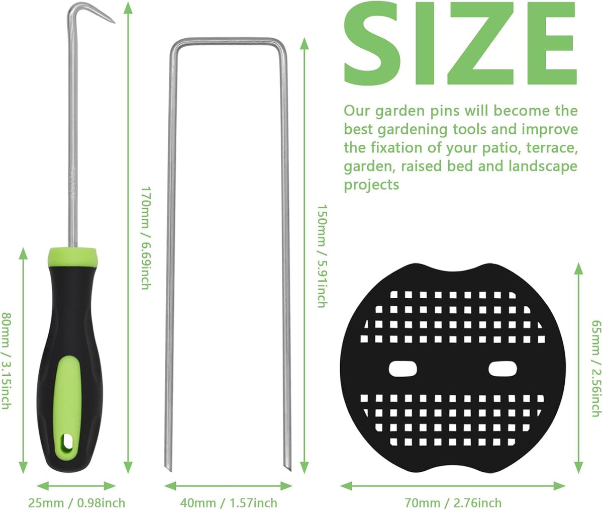 BDS-HOME 100sets Heavy Duty Garden Landscape Staples and Fixing Gasket with 1pc Pick Hook, 11 Gauge U Shaped Lawn Staples for Irrigation Hoses, Yard Weed Barrier, Fences and Tents, Decorations Fixed