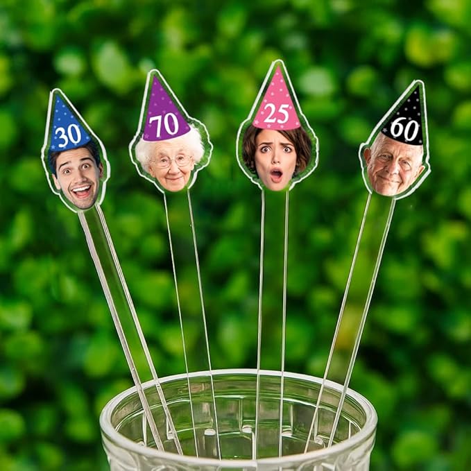50 Pcs Personalized 50th To 90th Birthday Drink Stirrers With Photo Face, Custom Photo Cutout Stir Stick, 60th 70th 80th Birthday Party Decorations, Decor For Retirement, Graduation Parties