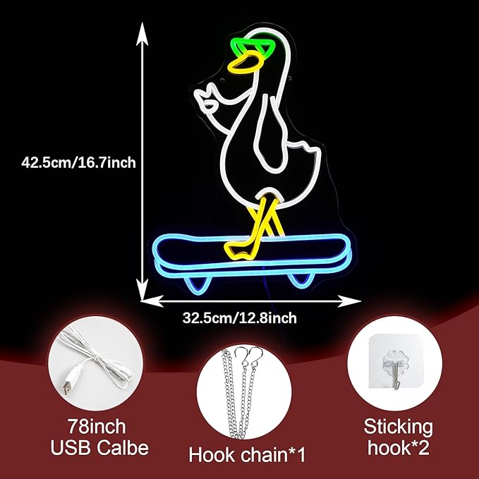 Duck Neon Sign Cool Skateboard Glasses Duck Neon Light for Wall Decor Dimmable Duck Light Up Sign Powered by USB for Living Room Kids Room Art Wall Decor Boys Girls Gifts (16.7”*12.8”)