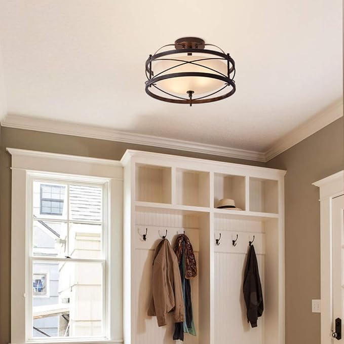 Entryway Drum Light Fixtures, Semi-Flush Mount Rustic Ceiling Light for Hallway Living Room Bedroom Kitchen, Old Bronze Finished (Brown)