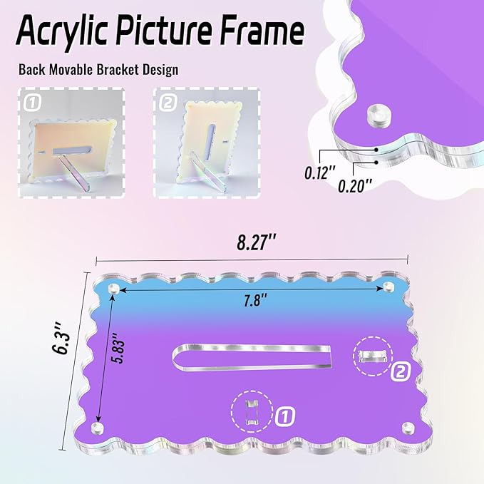 Acrylic Picture Frames 3 Pack 5x7 inch Scalloped Iridescent with Detachable Stand, Vertical and Horizontal Tabletop Display, Magnetic Photo Frames for Café/Home/Party/Wedding