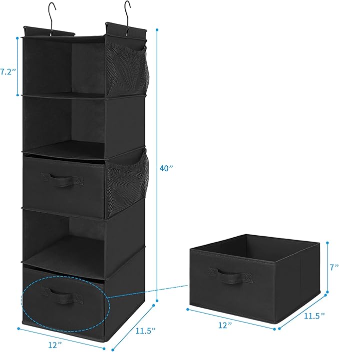 MAX Houser 5 Tier Shelf Hanging Closet Organizer, Cloth Hanging Shelf with 2 Sturdy Hooks for Storage, Foldable (Black-D2)