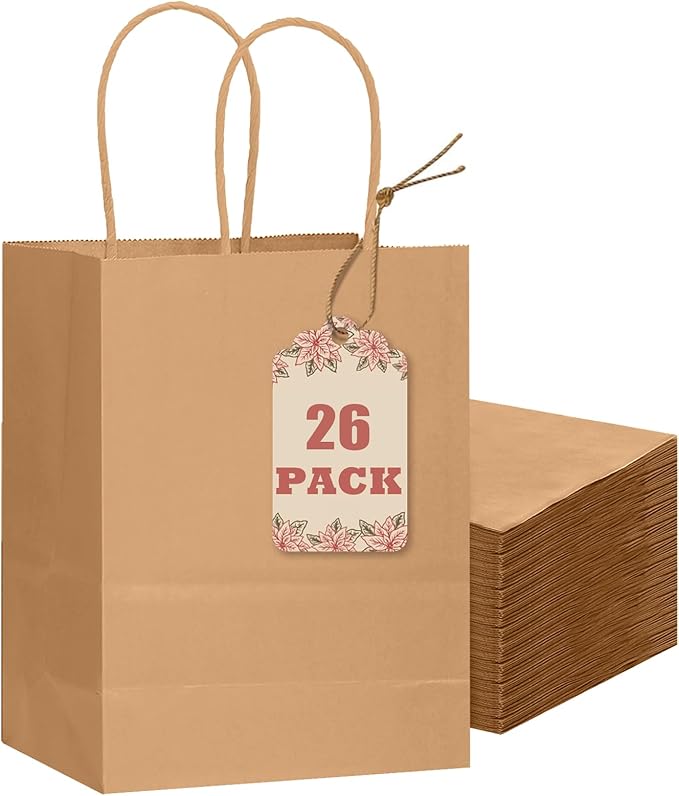 qiqee 26-Packs Brown Gift Bags with Handles Bulk 8.3"x3"x 6" Small Size Kraft Paper Bags Multiple Uses (Small Size)