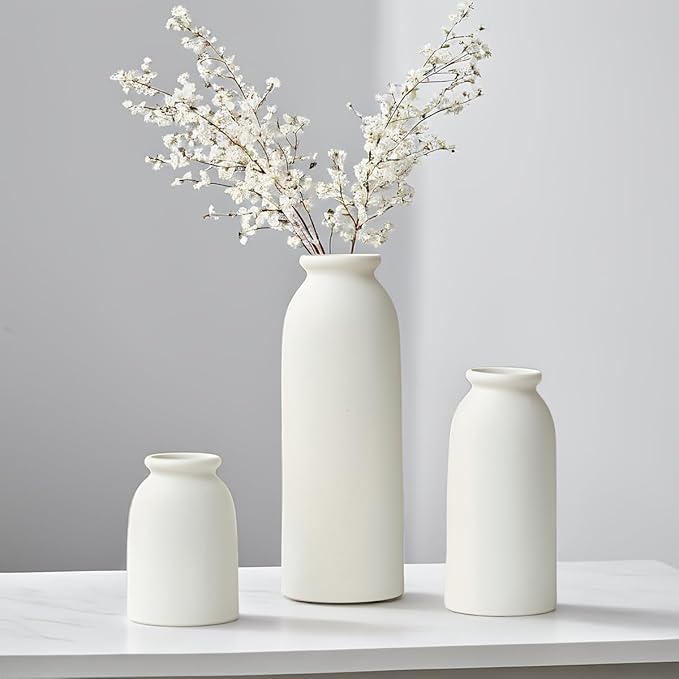 Ceramic Vase Set-3, Small Flower Vases for Decor, Modern Boho Farmhouse Style, Decorative Shelf Vases for Pampas Grass & Dried Flowers, Distressed Finish (White)