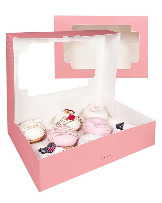 qiqee Auto-pop up Pink Cookie Box with Window 12x8x2.5 inch 32 Packs Two Uses One Second Folding Pastry Biscuit Bakery Box for Packaging