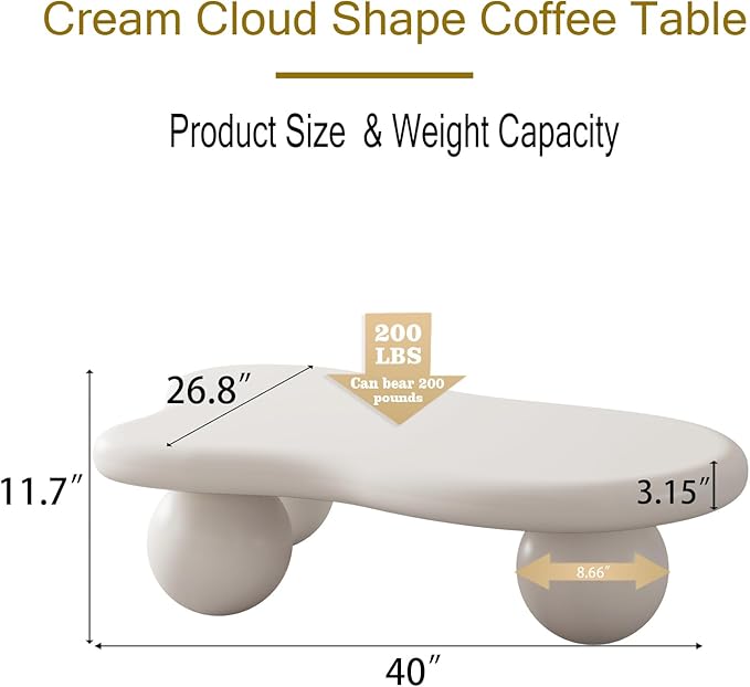 40 Inch Cloud Shaped Coffee Table with 3 Ball Legs for Living Room Cream White