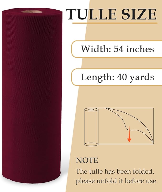 Burgundy Tulle Fabric Roll, 54" x 40 Yards (120FT) Tulle for Wedding Decoration DIY Tutu Party Backdrop Baby Shower Table Skirts Gift Wrapping
