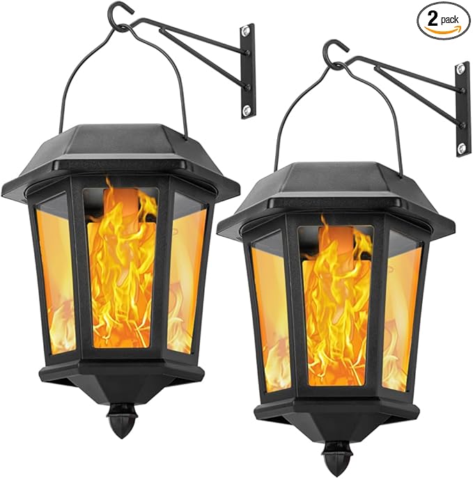 Solar Lanterns Outdoor Waterproof, Hanging Solar Lights with Glass Shade - 2 Pack LED Metal Wall Mount Outdoor Light for Yard/Garden/Patio - Flame