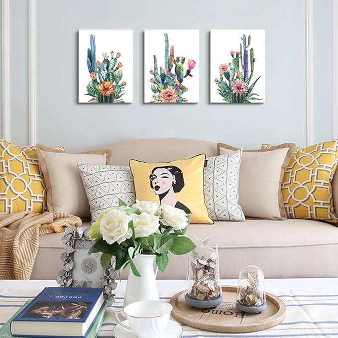 Wall Art for living room Canvas Prints Artwork bathroom Wall Decor Simple Life Green plants cactus Picture Watercolor painting 3 Pieces Framed bedroom wall decorations Office Works Home Decoration