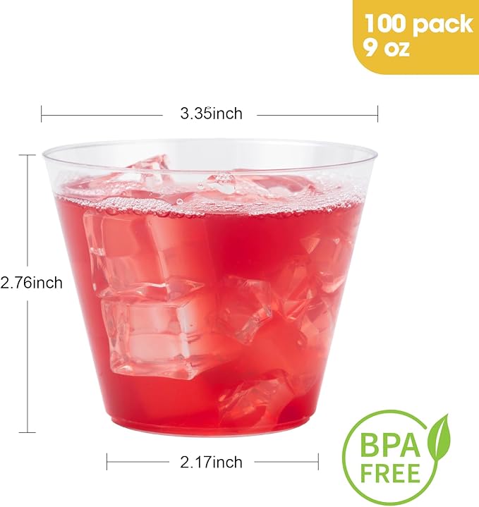 Goodluck 100PCS 9oz Clear Plastic Cups for Party, Disposable Clear Cups, Plastic Cocktail Glasses for Wedding Thanksgiving, Christmas, and