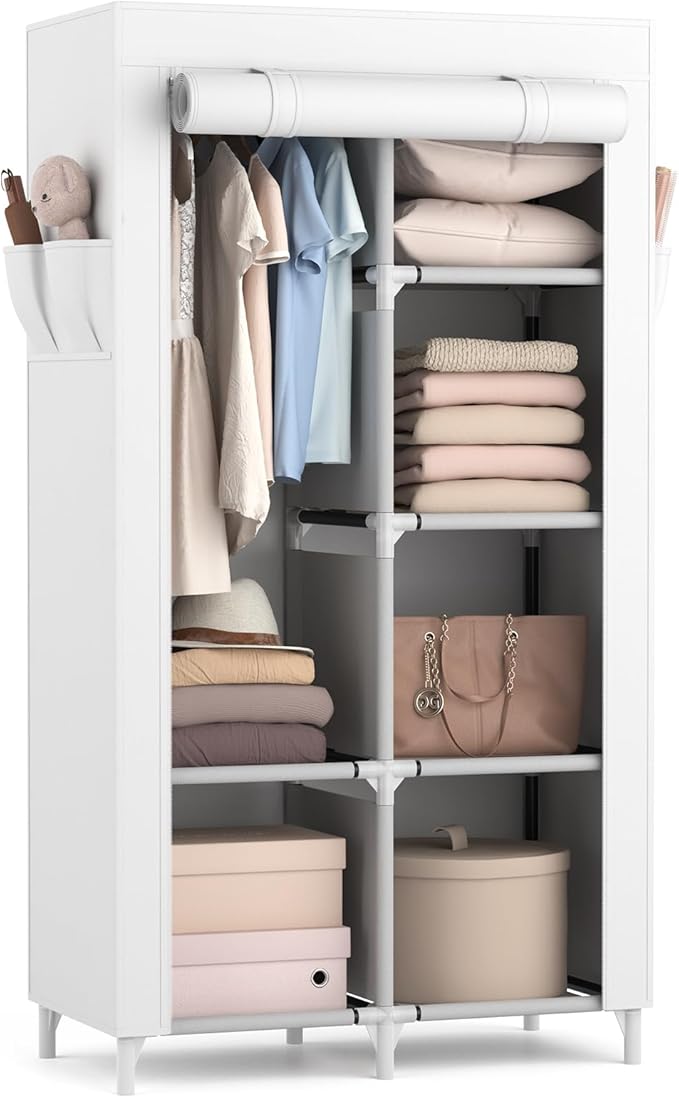 ROJASOP Portable Closet Wardrobe Closet for Hanging Clothes with 6 Storage Shelves, 1 Hanging Rod and 4 Pockets, Clothes Organizer and Storage Wardrobe Free Standing Closet for Bedroom, White