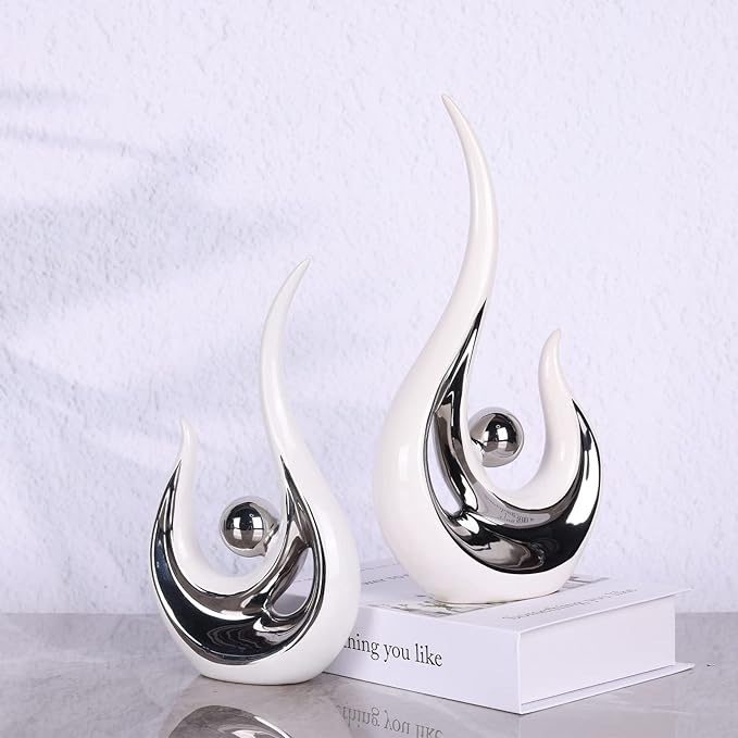 DOVDOV Abstract Ceramic Statues Set of 2, Silver and White Home Decor, Modern Classic Art Statues with Plated Gold Accents