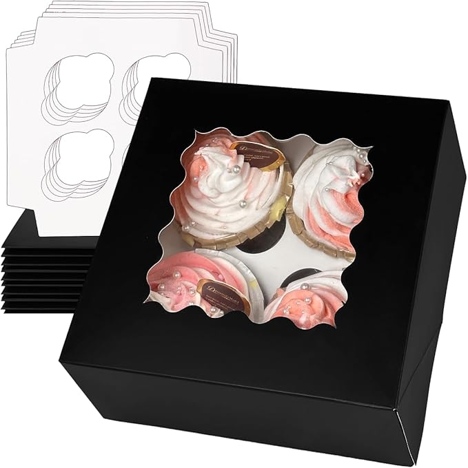 Bakepacker Auto-pop up 4 Cupcake Boxes with Window 20 Count Black Box 6.3 x 6.3 x 3inch Cupcake Carrier