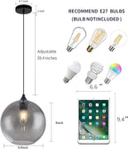 Gray Glass Pendant Lights Kitchen Island Lighting Globe Pendant Light Fixtures Modern Pendant Lighting for Kitchen Island Bedroom Living Dining Room Light Fixture-9.8in,2Pack