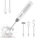YUSWKO White Handheld Milk Frother Wand for Coffee, Rechargeable Electric Whisk with 3 Heads 3 Speeds Drink Mixer Coffee Frother For Latte, Cappuccino, Hot Chocolate, Egg