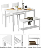 soges 4 Person Dining Table Set,43.3 inch Kitchen Table Set for 4,2 Chairs with Backrest,2-Person Bench with Storage, White Rack,Nesting Furniture Set for Dining Room and Restaurant, White