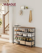 VASAGLE Shoe Rack, 5-Tier Shoe Storage Organizer for Entryway and Closet, Holds 20-24 Pairs of Shoes, 4 Fabric Shelves, Steel Frame, Industrial, Rustic Brown and Black ULBS136B01
