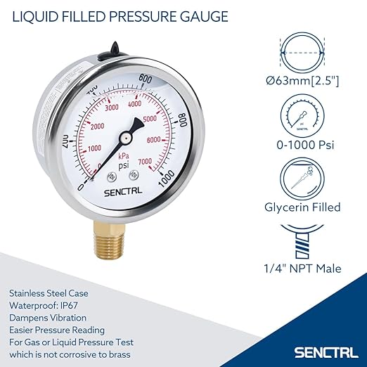 SENCTRL 0-1000 Psi Glycerin Liquid Filled Pressure Gauge, 2.5" Dial Size, 1/4" NPT Lower Mount, Stainless Steel Case, for Air Gas Water Oil Hydraulic Pressure Test