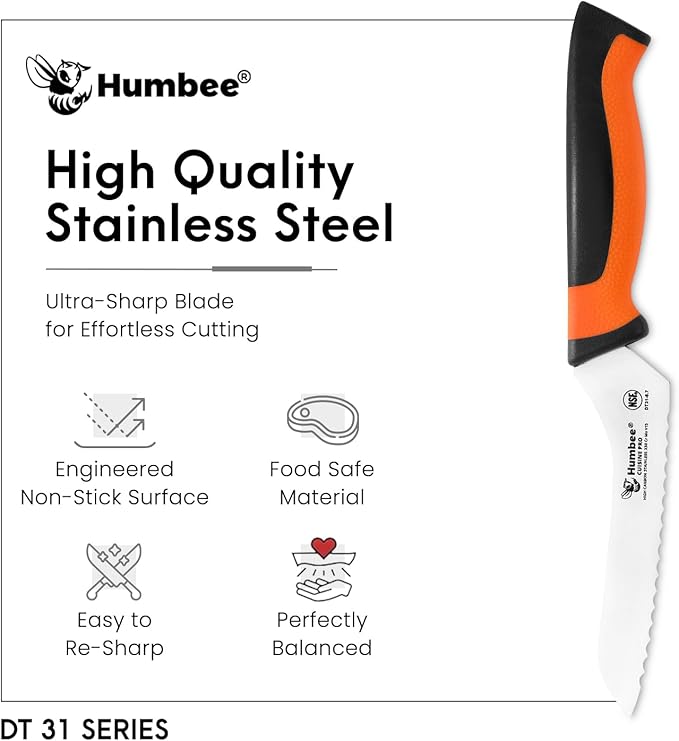 6-Inch Offset Serrated Bread Knife, Premium High Carbon Stainless Steel Blade Knife for Bread with Ergonomic Handle, NSF Certified, DT-31 Series, Orange