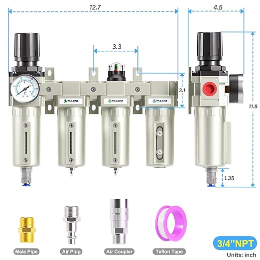 TAILONZ PNEUMATIC 3/4 Inch NPT 0-240 PSI Industrial Grade 4 Stage Air Drying System, Double Particulate Filter, Coalescing Filte,Desiccant Dryer and Air Regulator (Automatic Drainage）
