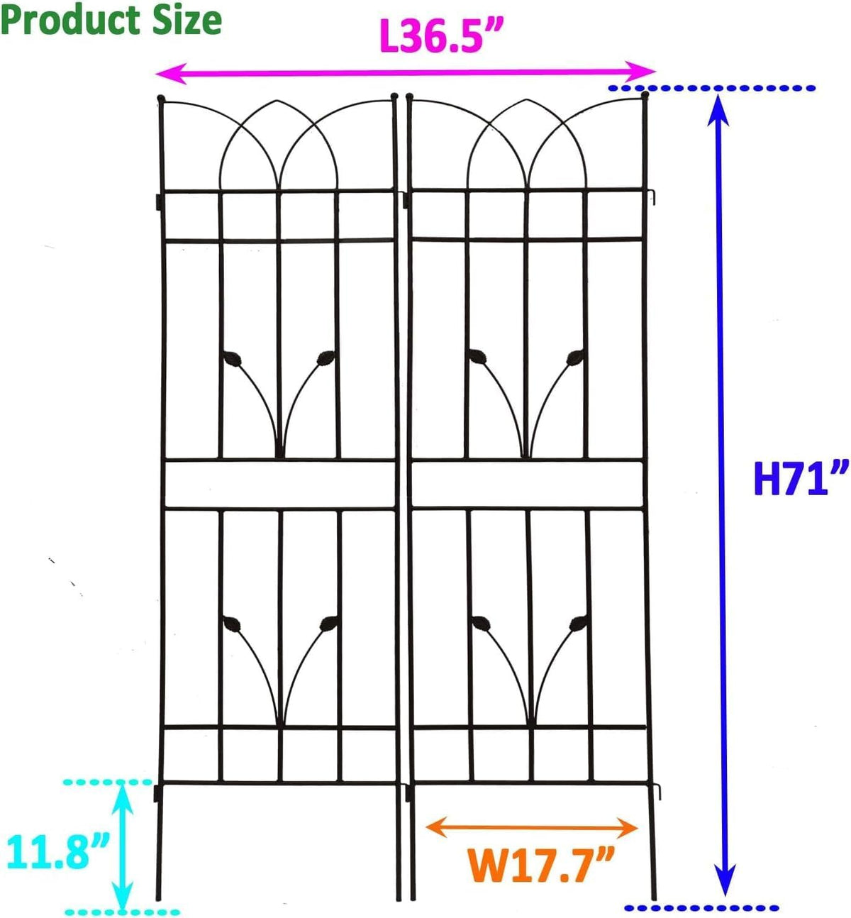 2 Pack Metal Garden Trellis 71" Black Fence Rustproof Garden Trellis for Climbing Plants Support Roses Flower Outdoor Lawn, Black
