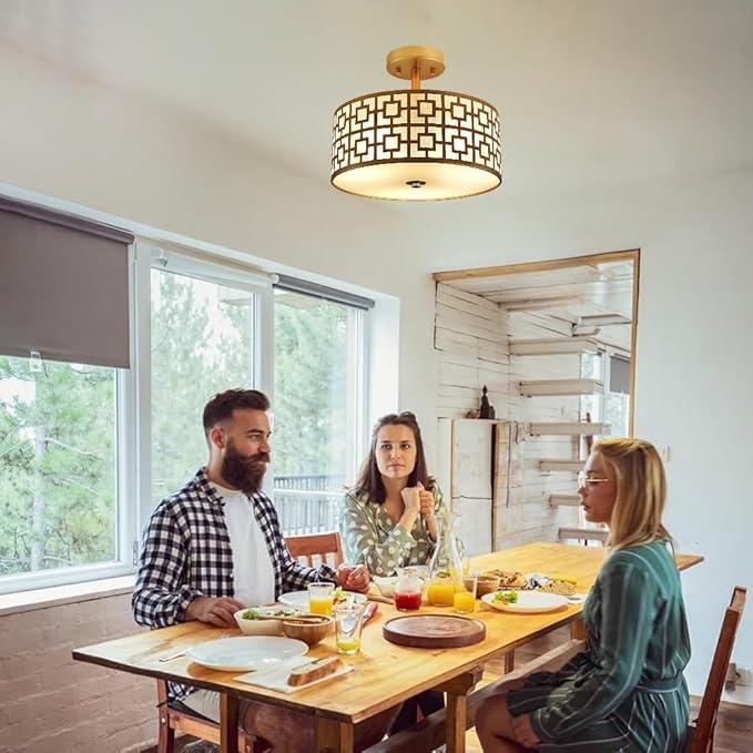 DLLT Flush Mount Ceiling Light: Modern 3-Light Semi Flush Mount Light Fixture - Drum Kitchen Lighting Fixture for Dining Room - Gold Bedroom Ceiling Lamp with Double Shade