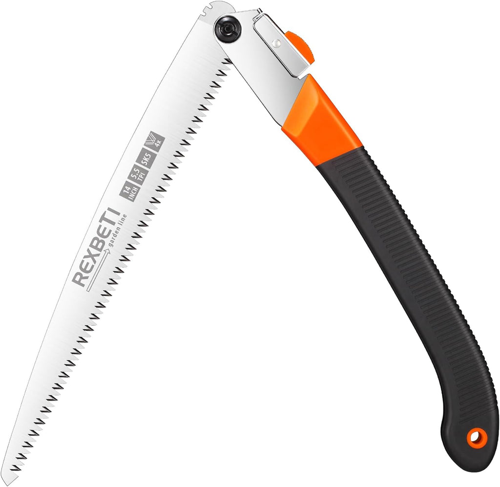 REXBETI Folding Saw, 14 Inch Blade for Dry Wood Trimming and Pruning, 4 Cutting Angles, SK-5 Steel