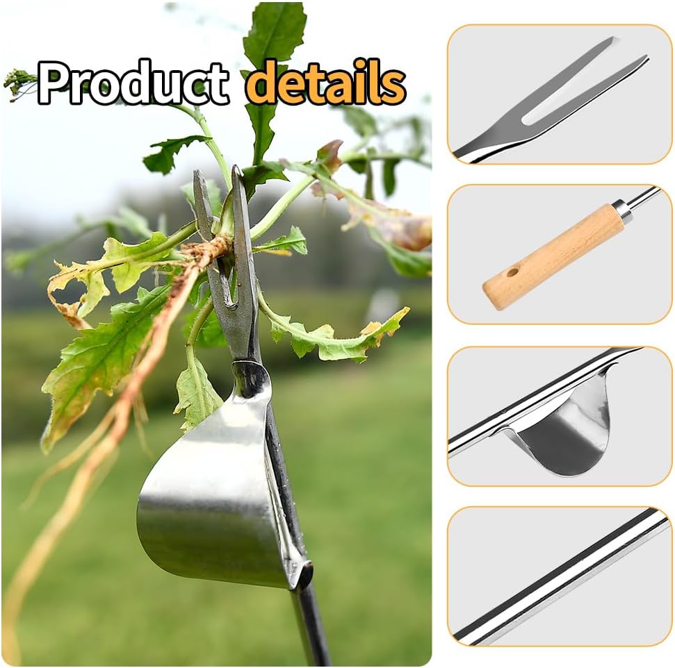 Hand Weeder Tool, Stainless Steel 2 Pcs Weeder Tool for Garden and Farm,Weeding Tool for Gardening,Garden Weeder, Weed Pulling Tool, Weed Puller Tool(Wooden Handle)…