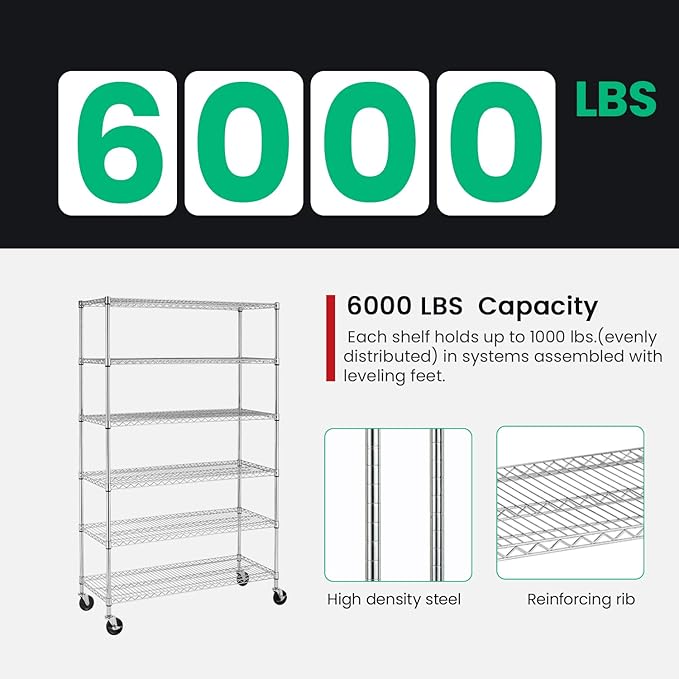 PayLessHere Commercial Grade 6 Tier Adjustable Storage Shelf Heavy Duty Metal Shelf NSF Certified Wire Shelving Unit with Wheels 6000LBS Capacity 18" D x 48" W x 72" H,Chrome