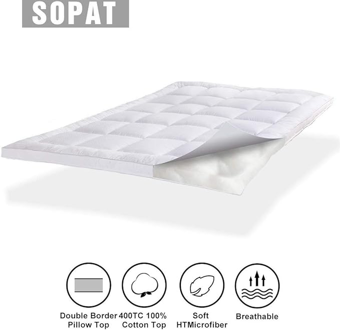 SOPAT Extra Thick Mattress Topper Cal King 400TC Cotton Pillow Top Breathable Mattress Pad Protector with 8-22" Deep Pocket Soft Down Alternative Fill Mattress Cover (72x84 Inches, White)