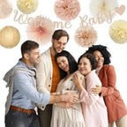 Champagne-Gold Beige Fall Baby-Shower Party-Decorations - 36pcs Welcome Home Banner Sign,Neutral Paper Lanterns,Girl Streamers Garland,Boho Hanging Tissue Pom Poms Flowers Fans Backdrop Decor Burgleda