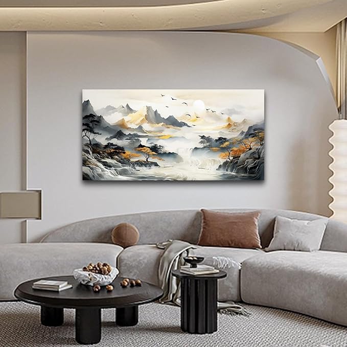 hyidecorart Framed Canvas Wall Art For Living Room Large Size Wall Decorations For Office Bedroom Wall Decor Mountain Landscape Wall Paintings Abstract Wall Pictures Modern Artwork Home Decor 24X48