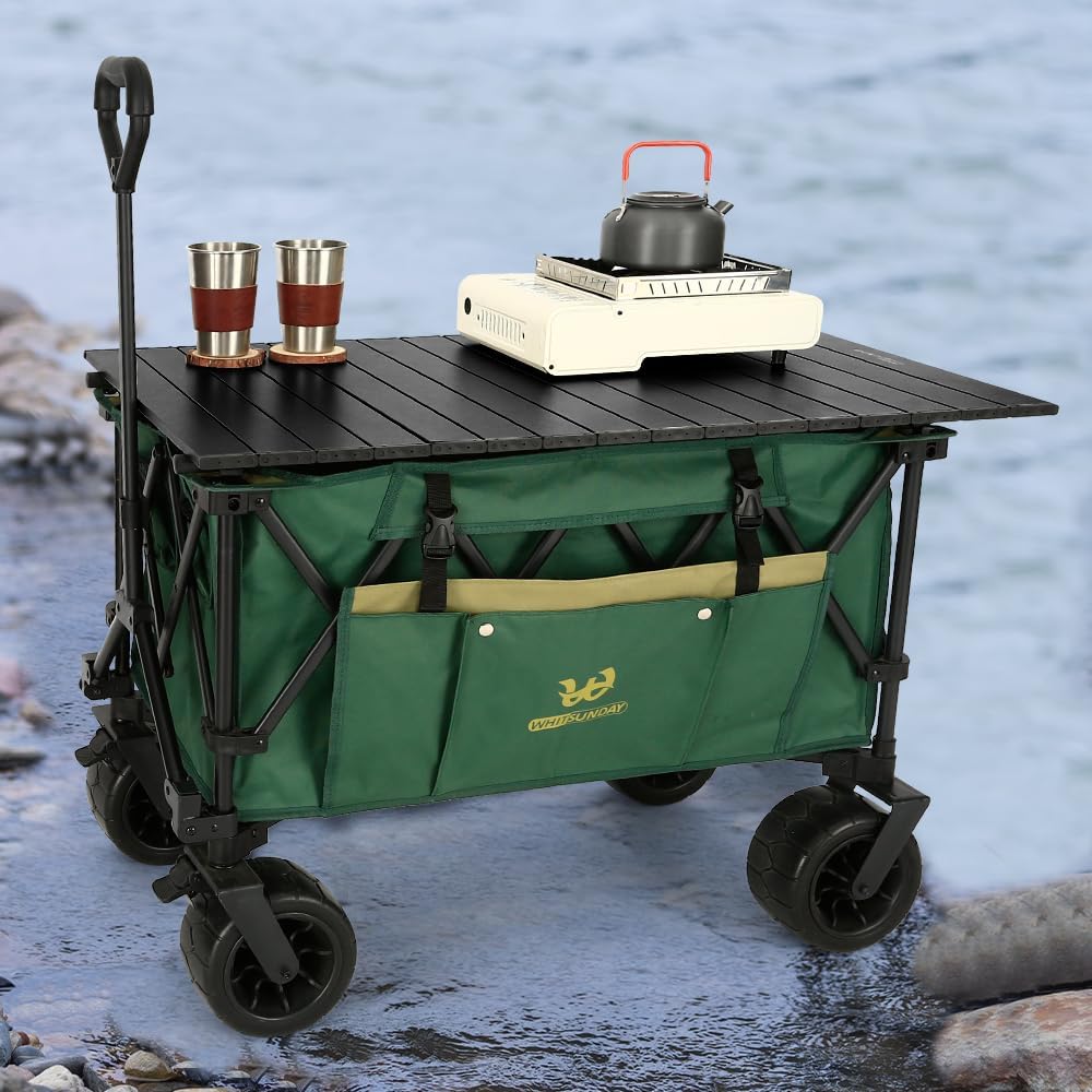 Whitsunday Collasible Wagon, Large Capacity 400Lbs, All-Terrain Wheels Heavy Duty Utility Wagon for Gardening Shopping Fishing Camping Outdoor Picnic Green