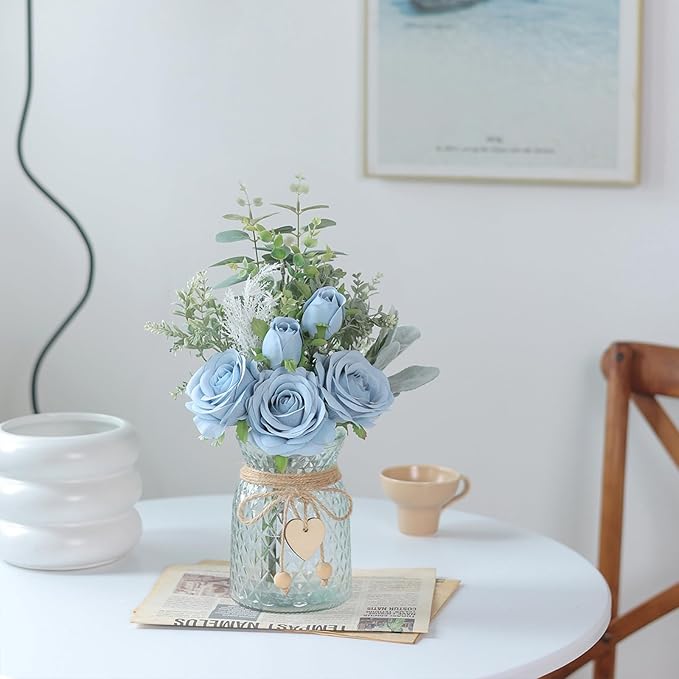 Faux Flowers with Vase,Artificial Silk Roses in Vase, Fake Plant Eucalyptus Flower Arrangement for Home Office Farmhouse Bathroom Dining Table Centerpiece Decorations Coffee Table Decor (Dusty Blue)